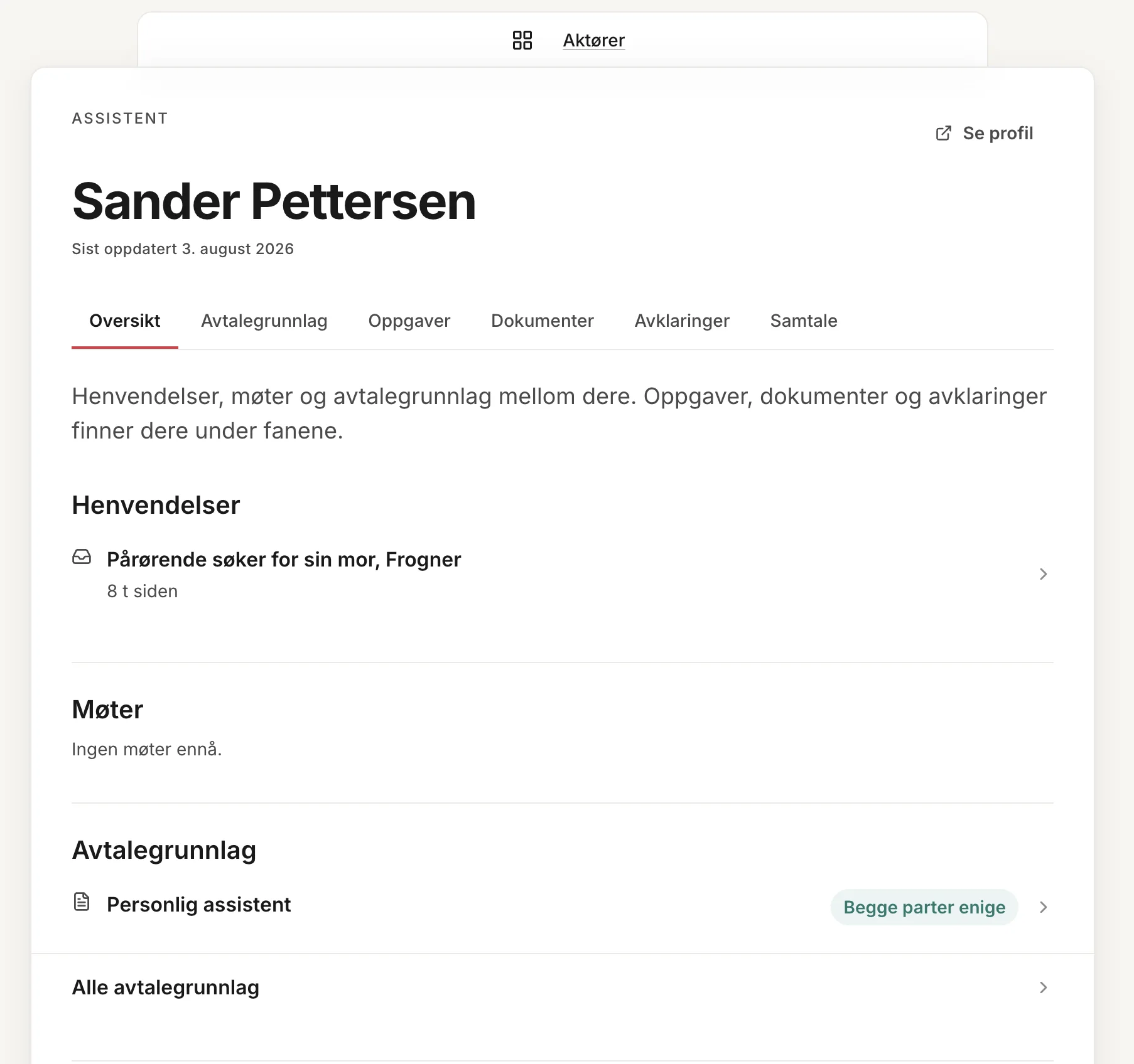 Aktørkort med historikk og status