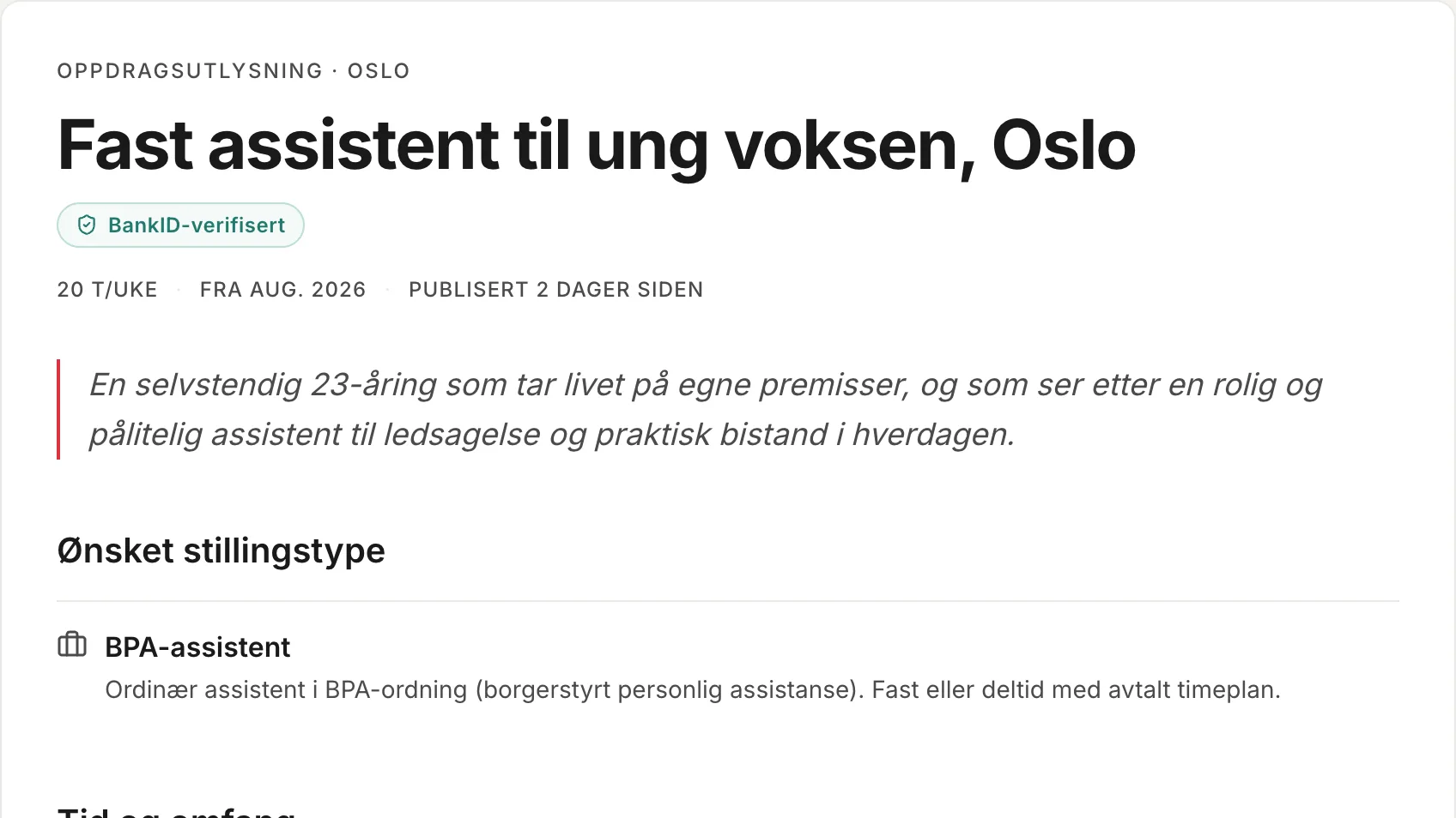 Stillingsutlysning med sted, timer og beskrivelse