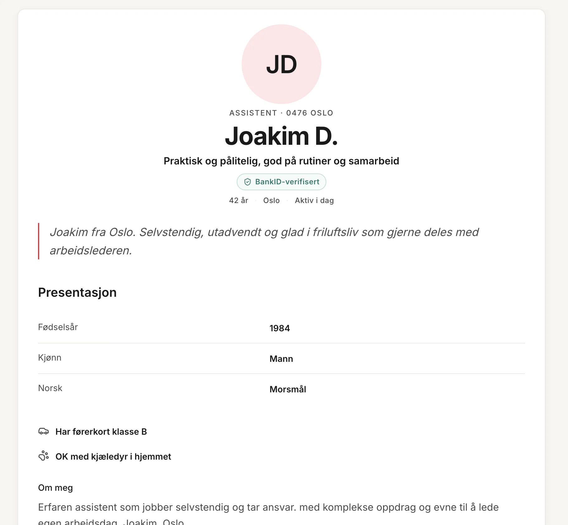 Offentlig assistentprofil med BankID-verifisering